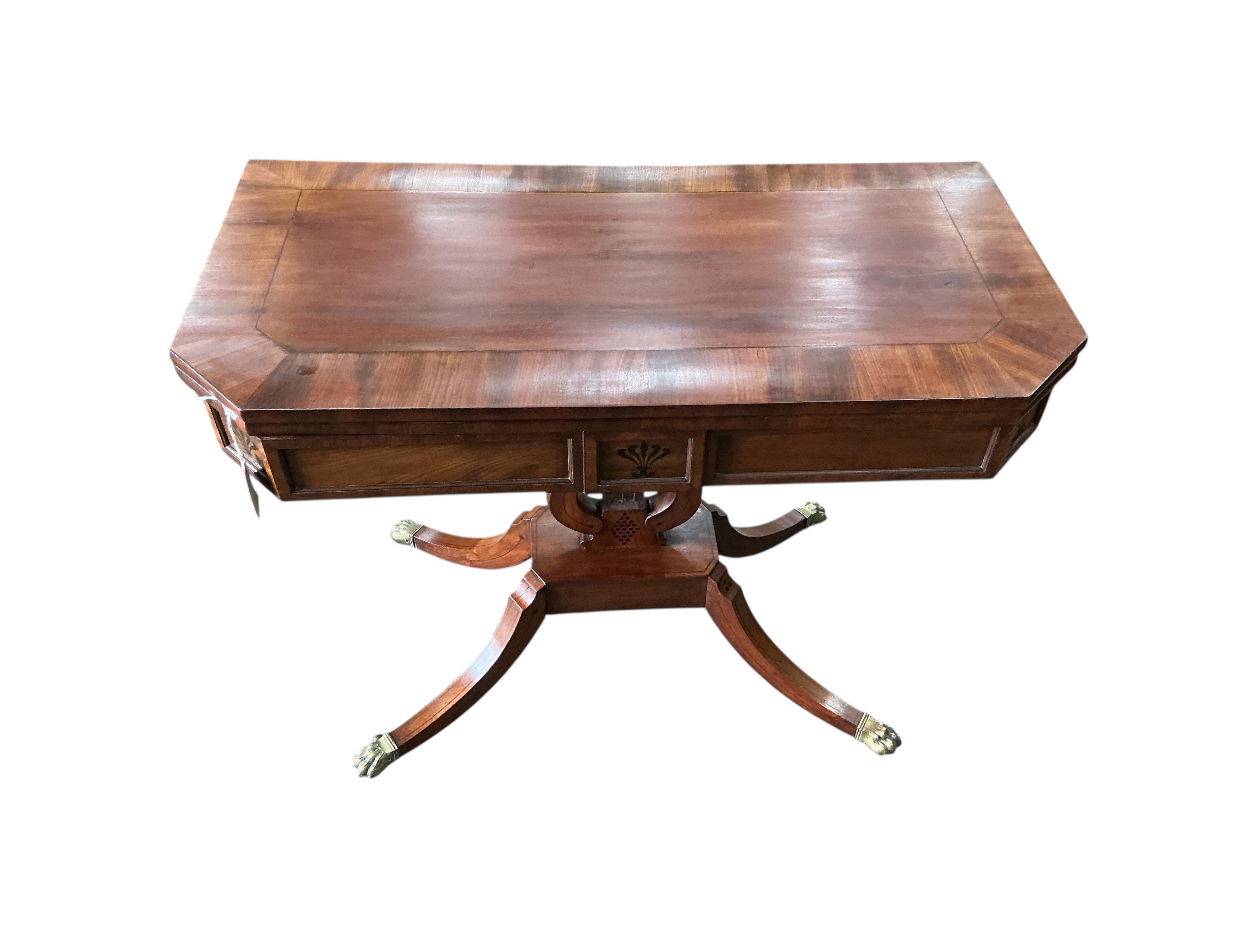 A Regency inlaid mahogany folding card table, width 92cm, depth 46cm, height 73cm